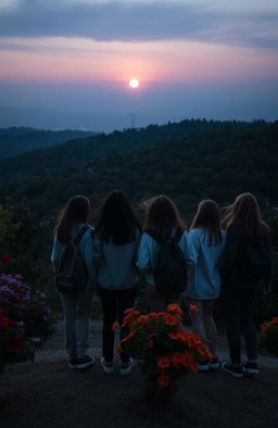 A group of university classmates standing on a hill, facing away from the viewer