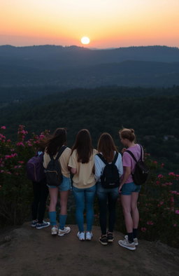 A group of university classmates standing on a hill, facing away from the viewer