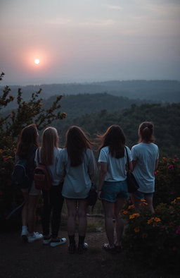 A group of university classmates standing on a hill, facing away from the viewer