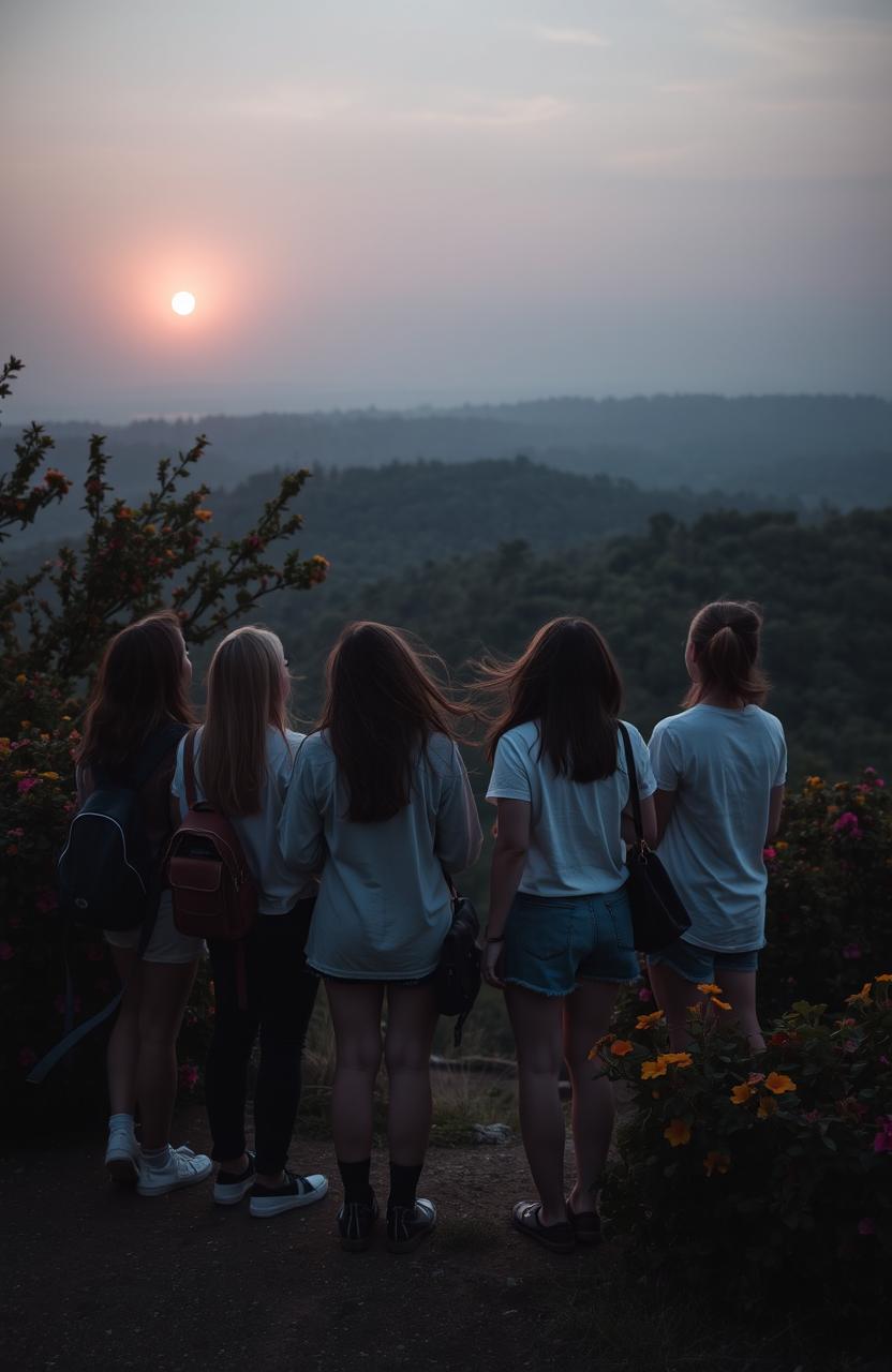 A group of university classmates standing on a hill, facing away from the viewer