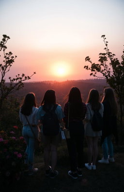 A group of university classmates standing on a hill, facing away from the viewer