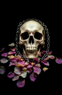 A striking image featuring a detailed, realistic skull in the center, set against a deep black background