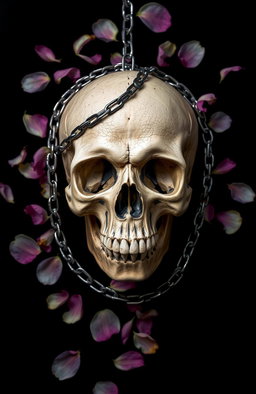 A striking image featuring a detailed, realistic skull in the center, set against a deep black background