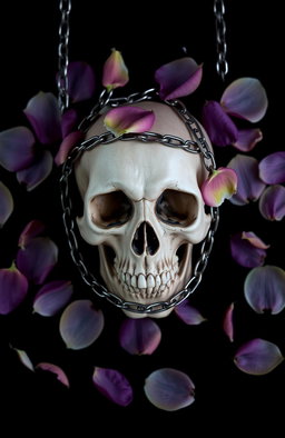 A striking image featuring a detailed, realistic skull in the center, set against a deep black background
