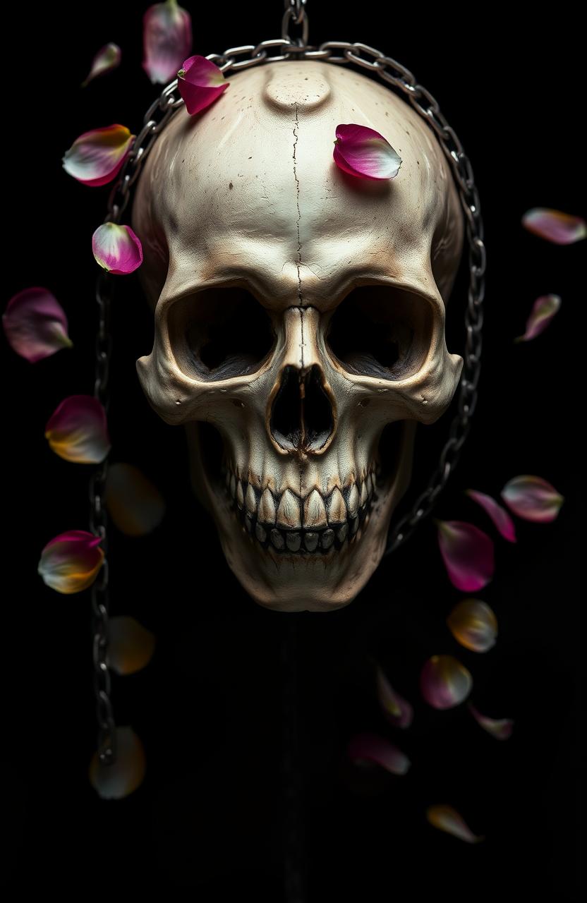 A striking image featuring a detailed, realistic skull in the center, set against a deep black background
