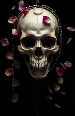 A striking image featuring a detailed, realistic skull in the center, set against a deep black background