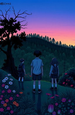 A group of students standing on a hill, facing away from the viewer