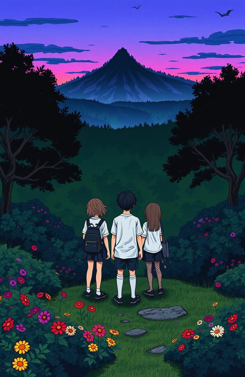 A group of students standing on a hill, facing away from the viewer