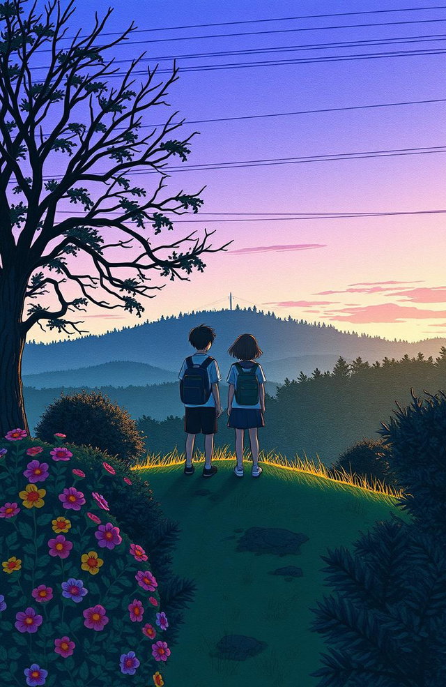 A group of students standing on a hill, facing away from the viewer