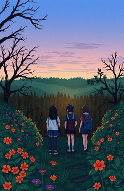 A group of students standing on a hill, facing away from the viewer
