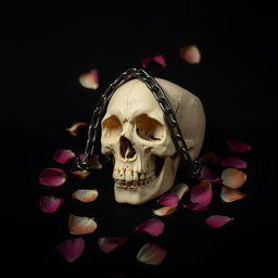 A captivating composition featuring a lifelike skull positioned prominently against a solid black background