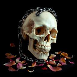 A captivating composition featuring a lifelike skull positioned prominently against a solid black background