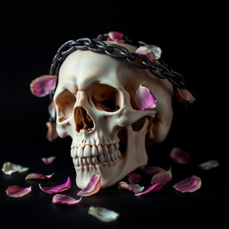A captivating composition featuring a lifelike skull positioned prominently against a solid black background