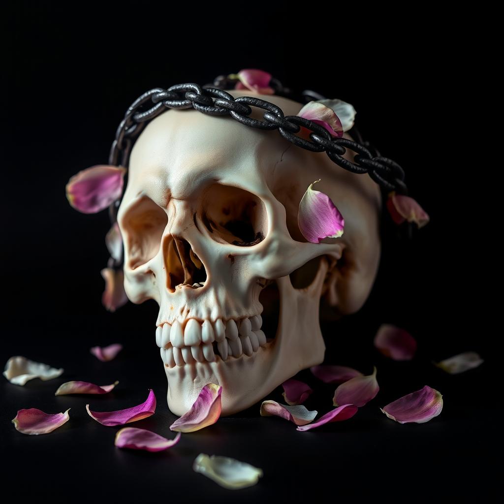 A captivating composition featuring a lifelike skull positioned prominently against a solid black background