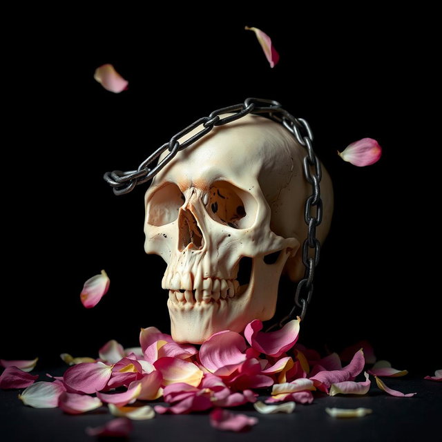 A captivating composition featuring a lifelike skull positioned prominently against a solid black background