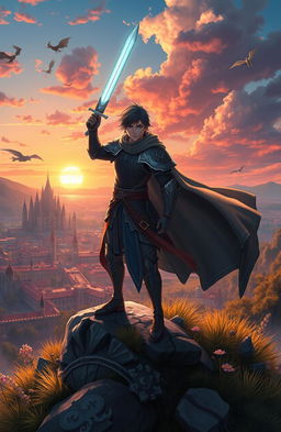 An isekai warrior standing heroically on a hilltop overlooking a magnificent fantasy landscape