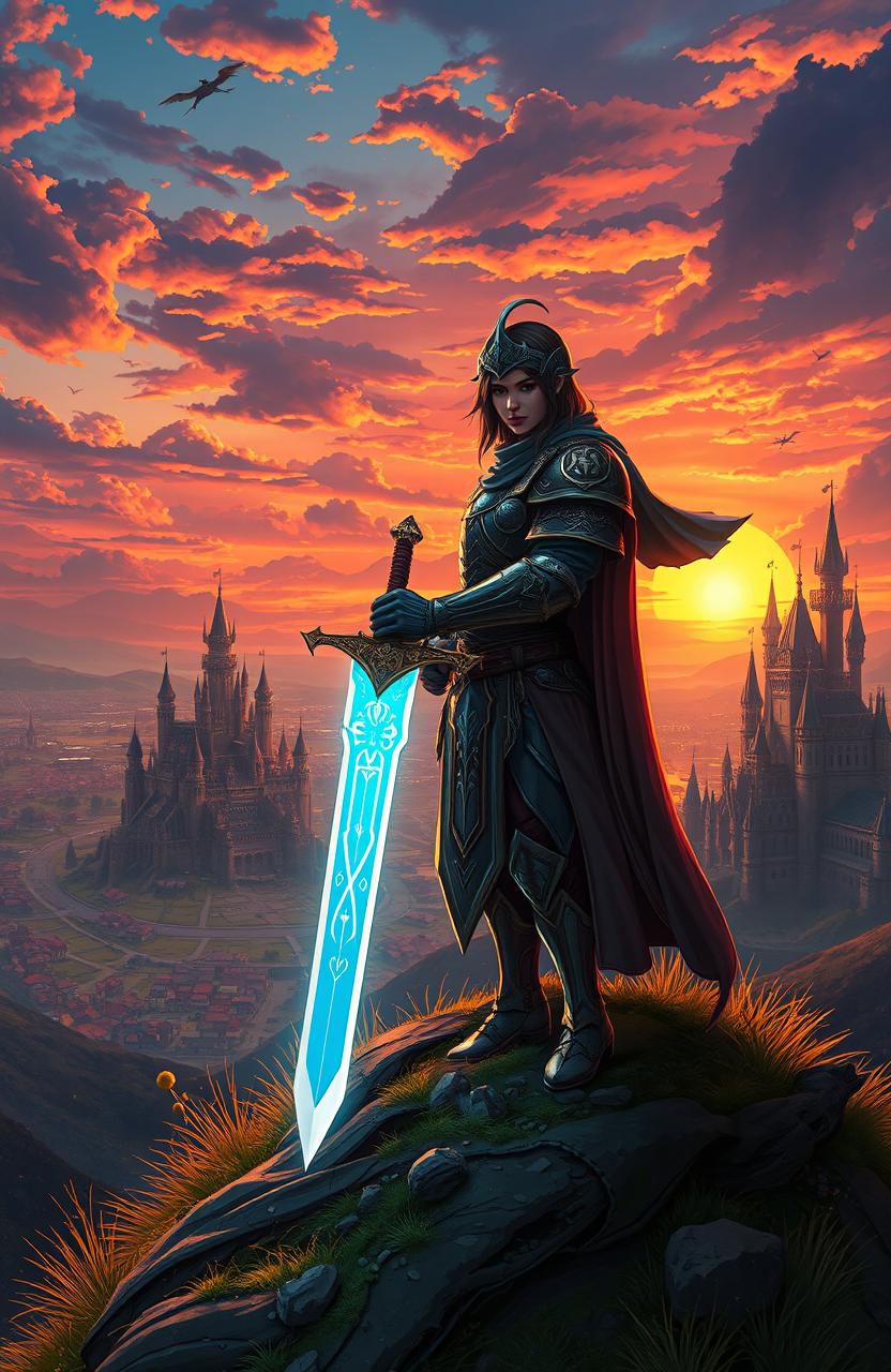 An isekai warrior standing heroically on a hilltop overlooking a magnificent fantasy landscape