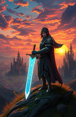 An isekai warrior standing heroically on a hilltop overlooking a magnificent fantasy landscape