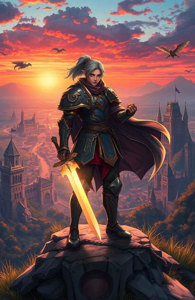 An isekai warrior standing heroically on a hilltop overlooking a magnificent fantasy landscape