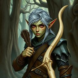 A forest elf from Dungeons and Dragons 5th Edition, featuring greyish hair and reddish-brown eyes