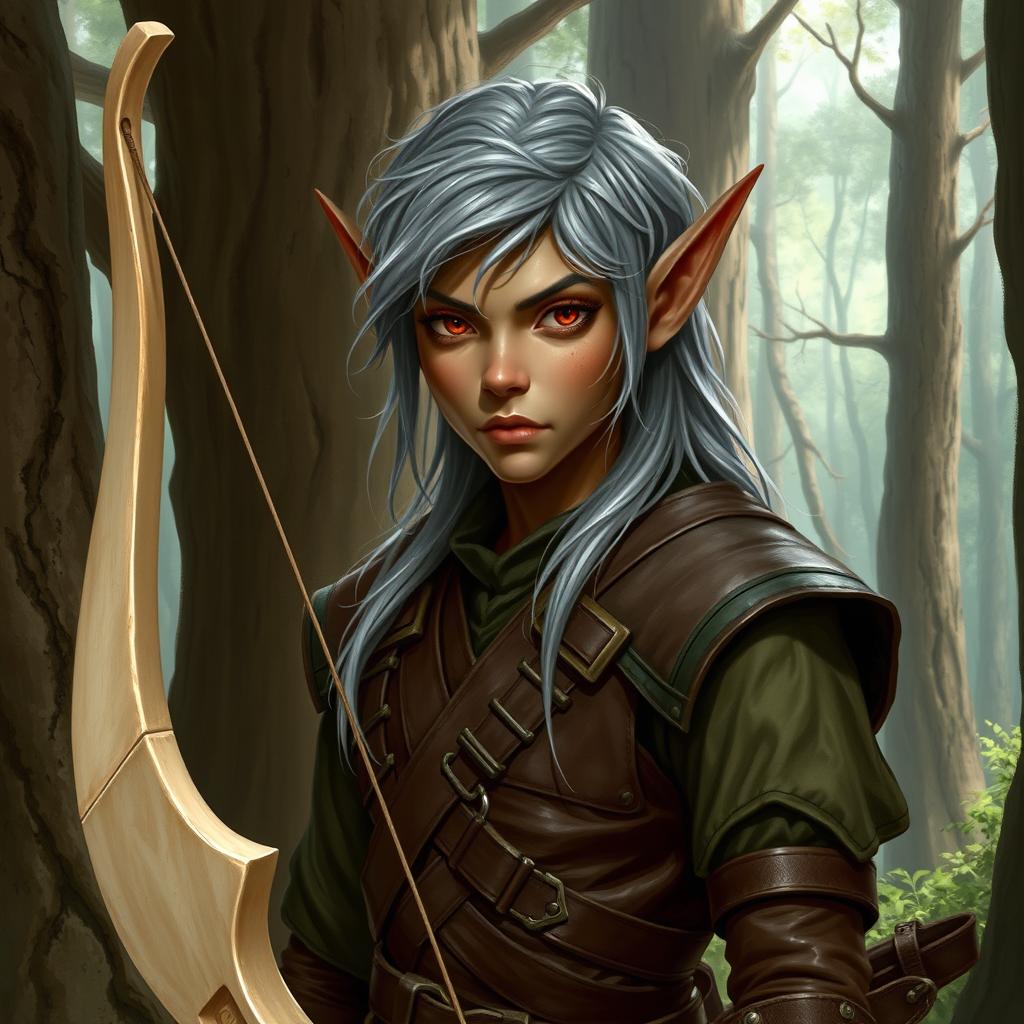 A forest elf from Dungeons and Dragons 5th Edition, featuring greyish hair and reddish-brown eyes