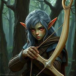 A forest elf from Dungeons and Dragons 5th Edition, featuring greyish hair and reddish-brown eyes