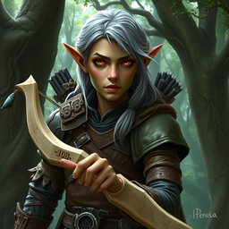 A forest elf from Dungeons and Dragons 5th Edition, featuring greyish hair and reddish-brown eyes