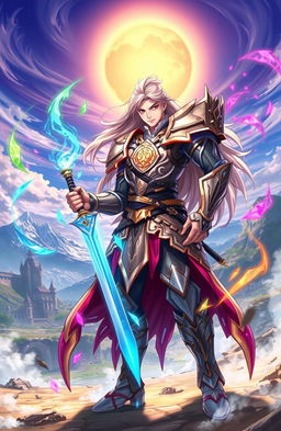 A powerful isekai warrior standing confidently in a fantasy landscape, wearing intricate armor that shimmers in the sunlight