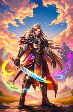 A powerful isekai warrior standing confidently in a fantasy landscape, wearing intricate armor that shimmers in the sunlight