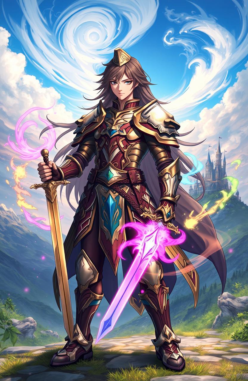 A powerful isekai warrior standing confidently in a fantasy landscape, wearing intricate armor that shimmers in the sunlight