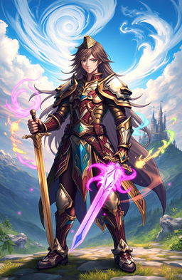A powerful isekai warrior standing confidently in a fantasy landscape, wearing intricate armor that shimmers in the sunlight