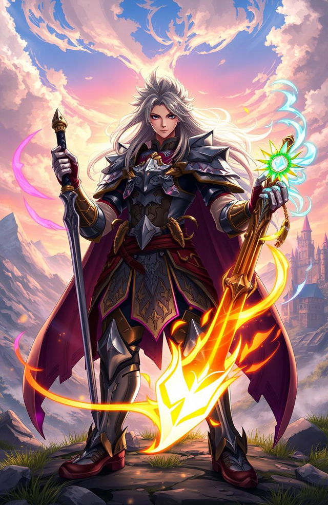 A powerful isekai warrior standing confidently in a fantasy landscape, wearing intricate armor that shimmers in the sunlight