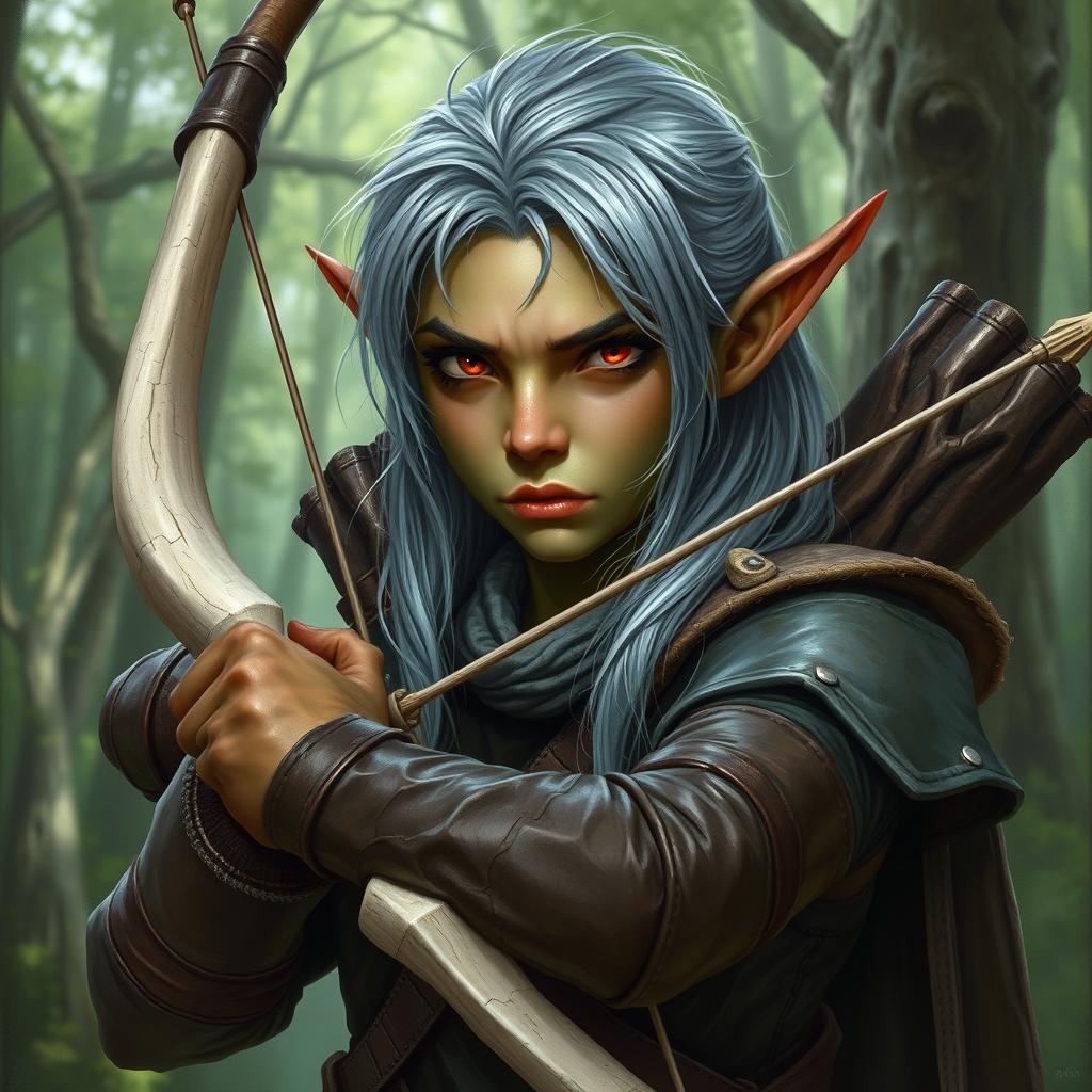 A forest elf from Dungeons and Dragons 5th Edition, featuring greyish hair and reddish-brown eyes