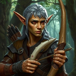 A forest elf from Dungeons and Dragons 5th Edition, featuring greyish hair and reddish-brown eyes