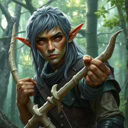 A forest elf from Dungeons and Dragons 5th Edition, featuring greyish hair and reddish-brown eyes