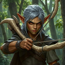 A forest elf from Dungeons and Dragons 5th Edition, featuring greyish hair and reddish-brown eyes