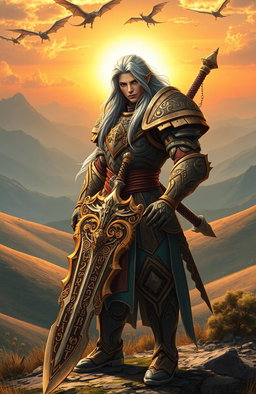An epic isekai warrior standing in a fantastical landscape, clad in ornate armor that glimmers with mystical runes