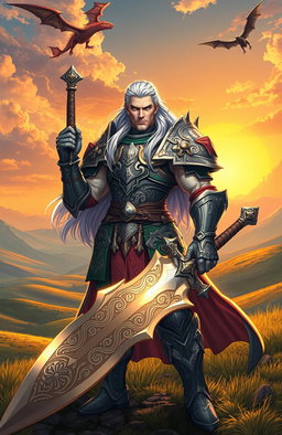 An epic isekai warrior standing in a fantastical landscape, clad in ornate armor that glimmers with mystical runes