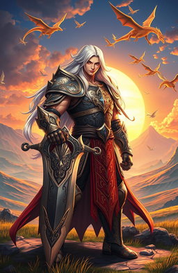 An epic isekai warrior standing in a fantastical landscape, clad in ornate armor that glimmers with mystical runes
