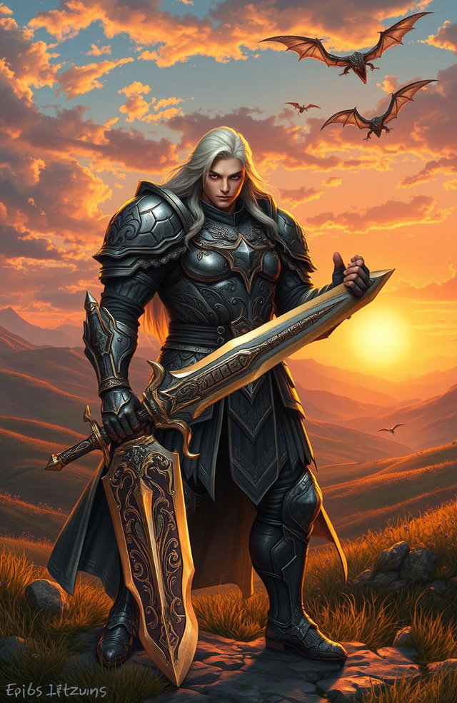 An epic isekai warrior standing in a fantastical landscape, clad in ornate armor that glimmers with mystical runes