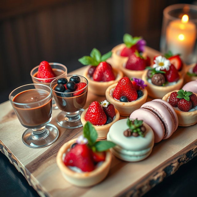 A beautifully arranged gourmet dessert platter featuring a variety of exquisite desserts