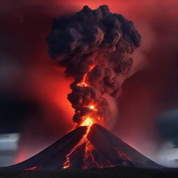 The colossal, erupting volcano with molten lava contrasting against a tempest-tossed sky, lit up by intense, crimson red lightning zapping across.