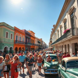 A vibrant Cuban town bustling with activity, filled with many happy people walking together