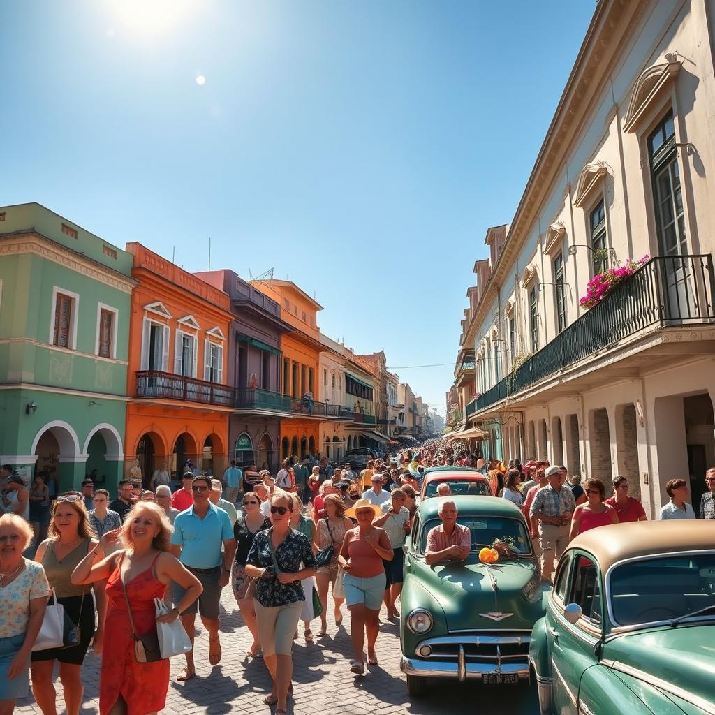 A vibrant Cuban town bustling with activity, filled with many happy people walking together
