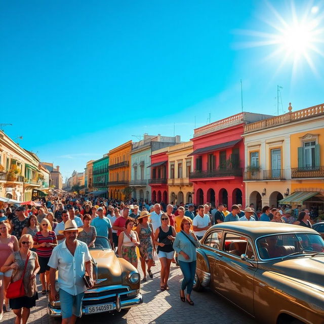 A vibrant Cuban town bustling with activity, filled with many happy people walking together