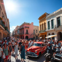A vibrant Cuban town bustling with activity, filled with many happy people walking together