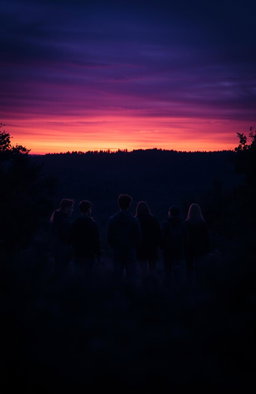 A group of teenagers standing on a hill with their backs turned, silhouetted against a fading sunset