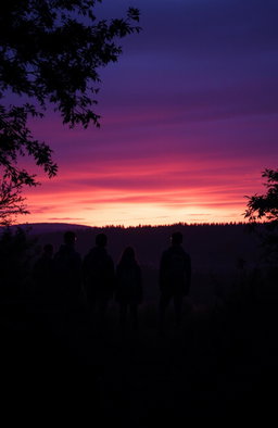 A group of teenagers standing on a hill with their backs turned, silhouetted against a fading sunset