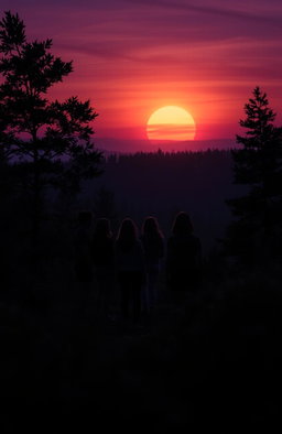 A group of teenagers standing on a hill with their backs turned, silhouetted against a fading sunset