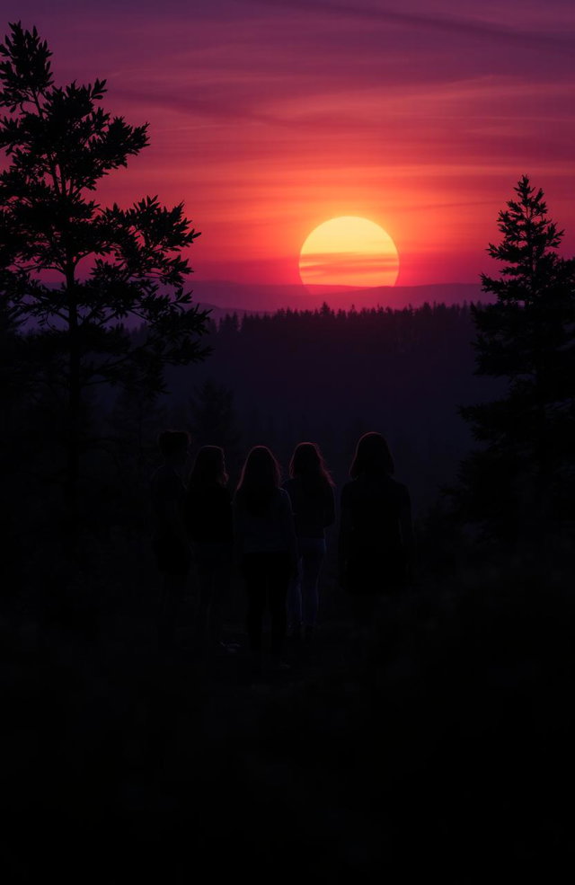 A group of teenagers standing on a hill with their backs turned, silhouetted against a fading sunset